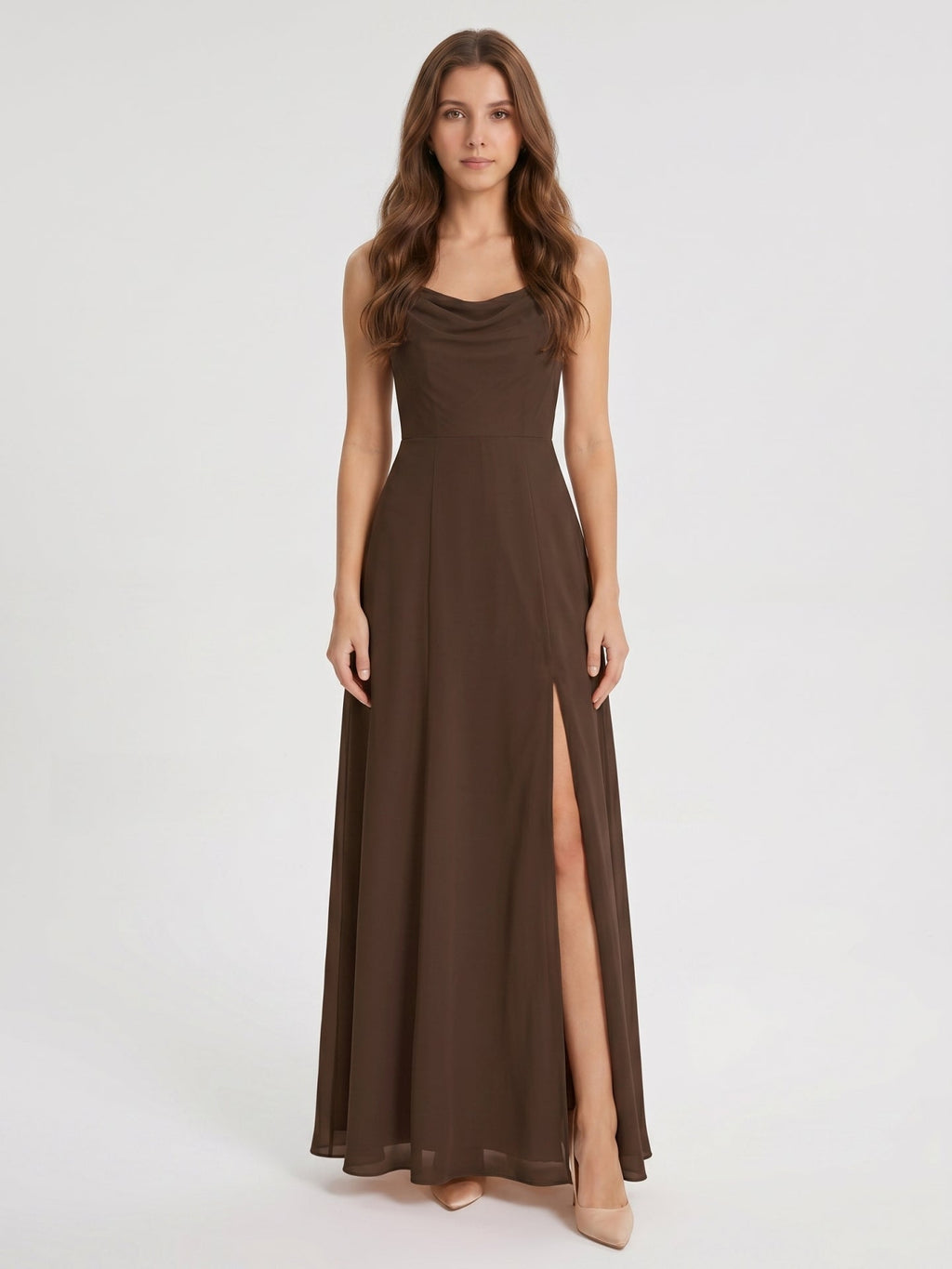 Mocha Chiffon Sheath Cowl Neck Backless Ankle-Length Bridesmaid Dress - Curvevia