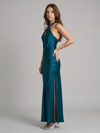 Teal Satin Column Halter Backless Floor-Length Bridesmaid Dress with Bow - Curvevia