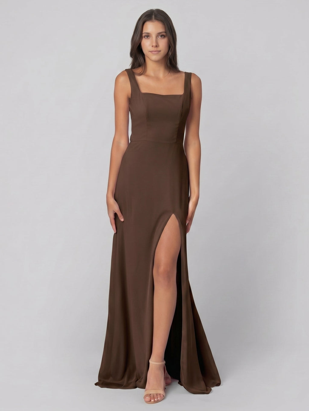 Mocha Chiffon A-Line Square Neck Backless Floor-Length Bridesmaid Dress - Curvevia
