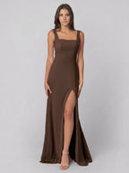 Mocha Chiffon A-Line Square Neck Backless Floor-Length Bridesmaid Dress - Curvevia