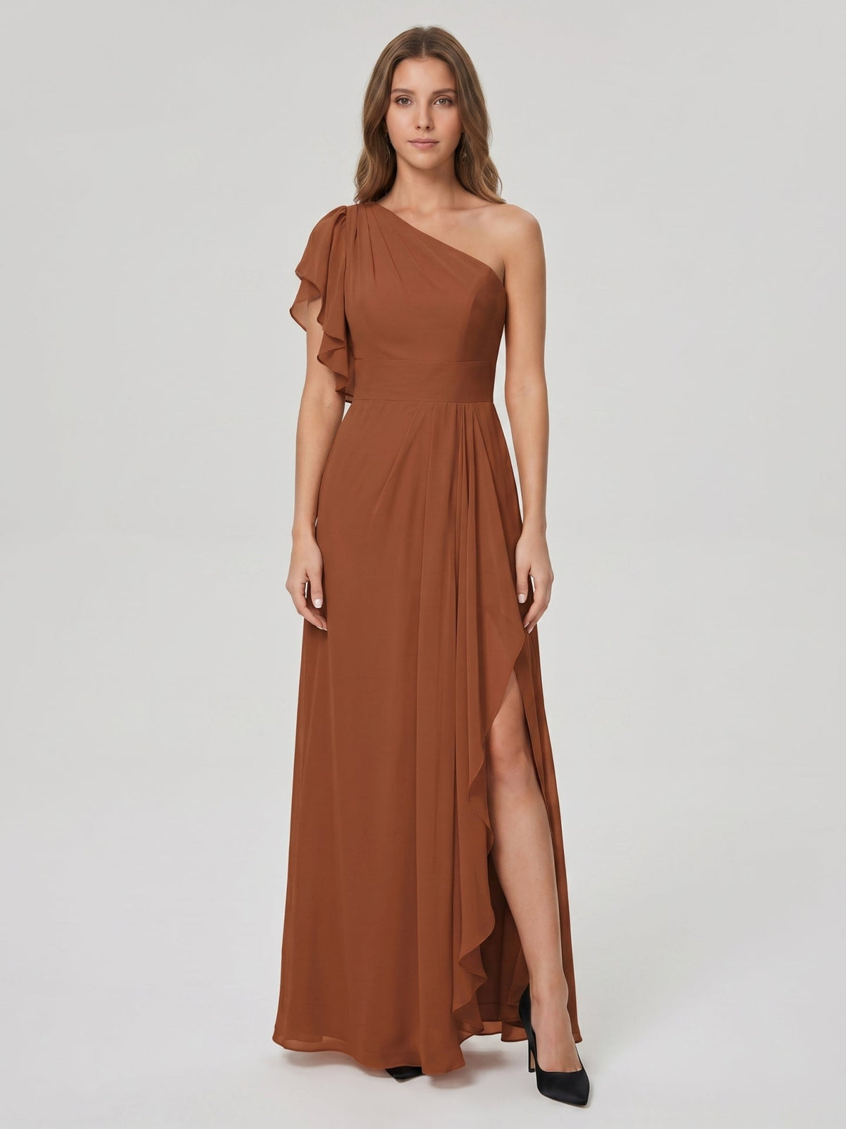 Terracotta Chiffon Sheath One Shoulder Back Zip Floor-Length Ruffle Bridesmaid Dress - Curvevia