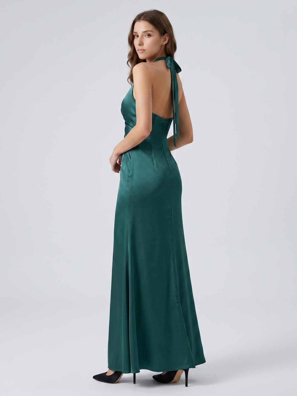 Peacock Satin Sheath Halter Backless Floor-Length Bridesmaid Dress - Curvevia
