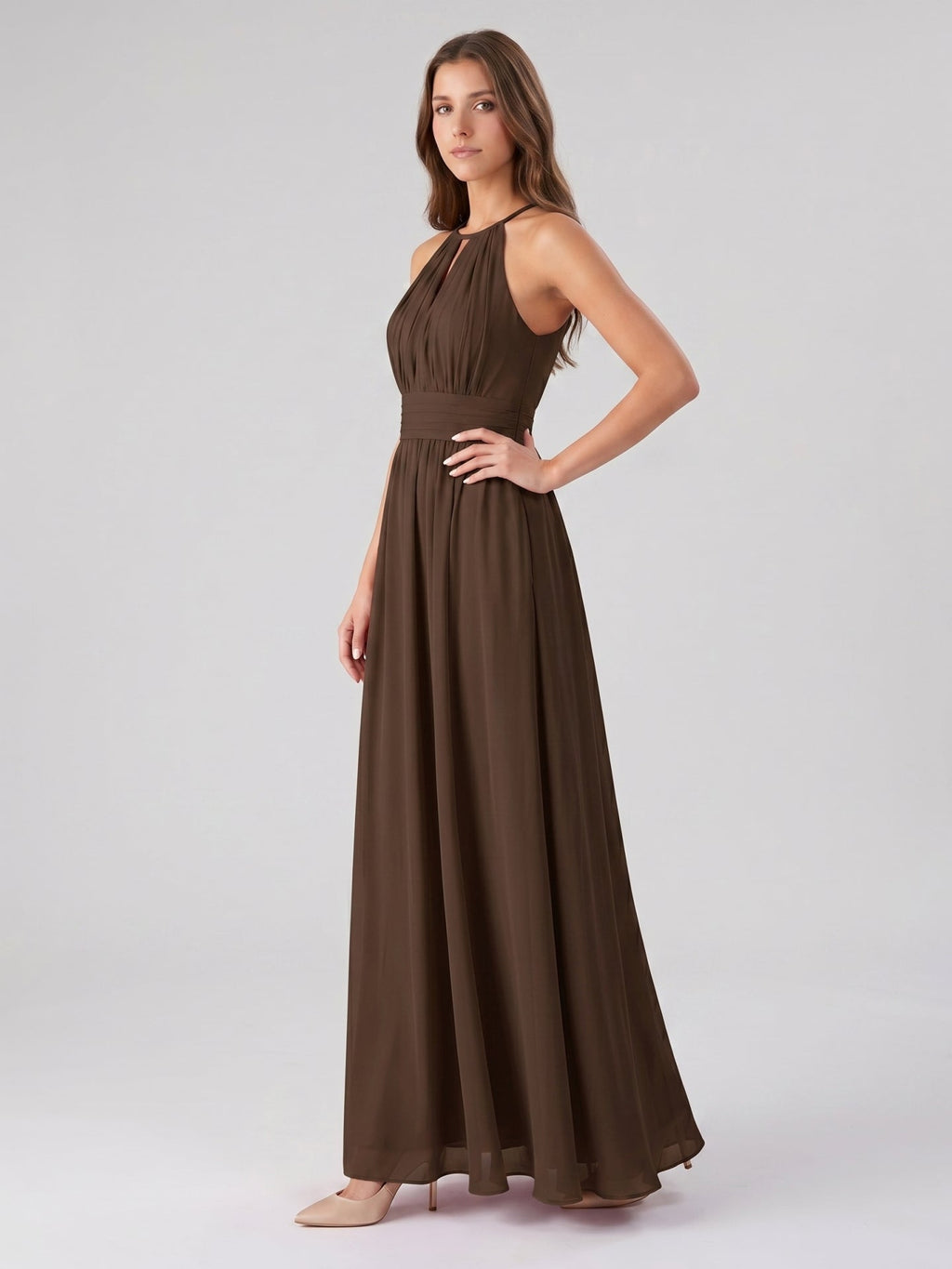 Mocha Chiffon A-Line Halter Keyhole Back Floor-Length Bridesmaid Dress - Curvevia