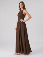 Mocha Chiffon A-Line Halter Keyhole Back Floor-Length Bridesmaid Dress - Curvevia