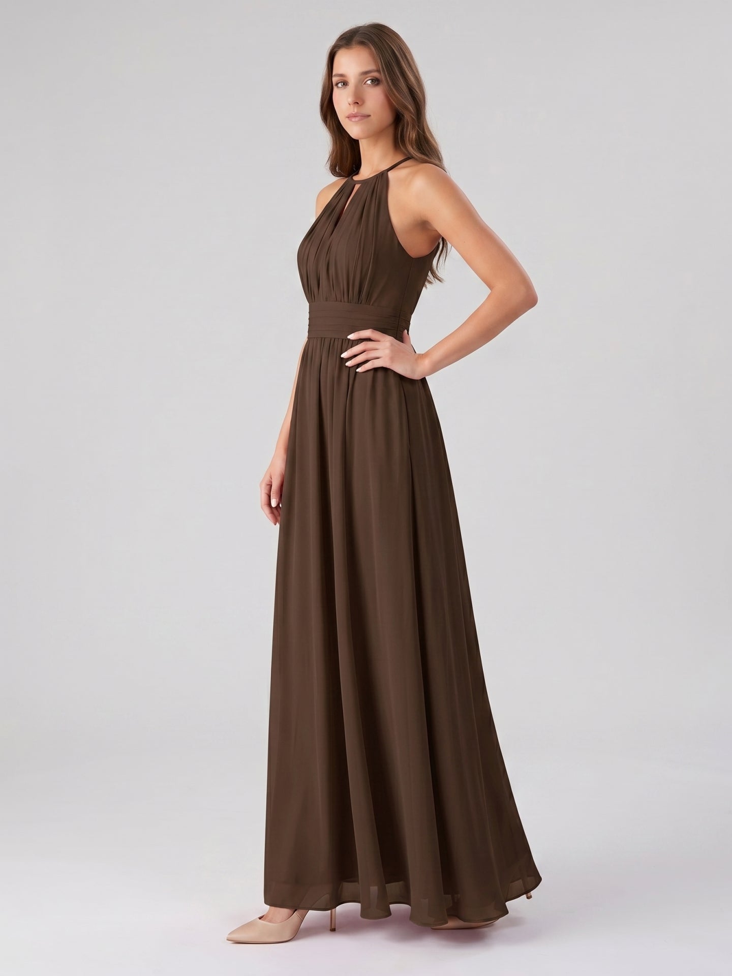Mocha Chiffon A-Line Halter Keyhole Back Floor-Length Bridesmaid Dress - Curvevia