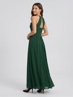 Forest Green Chiffon A-Line Halter Back Zip Floor-Length Ruffle Bridesmaid Dress - Curvevia