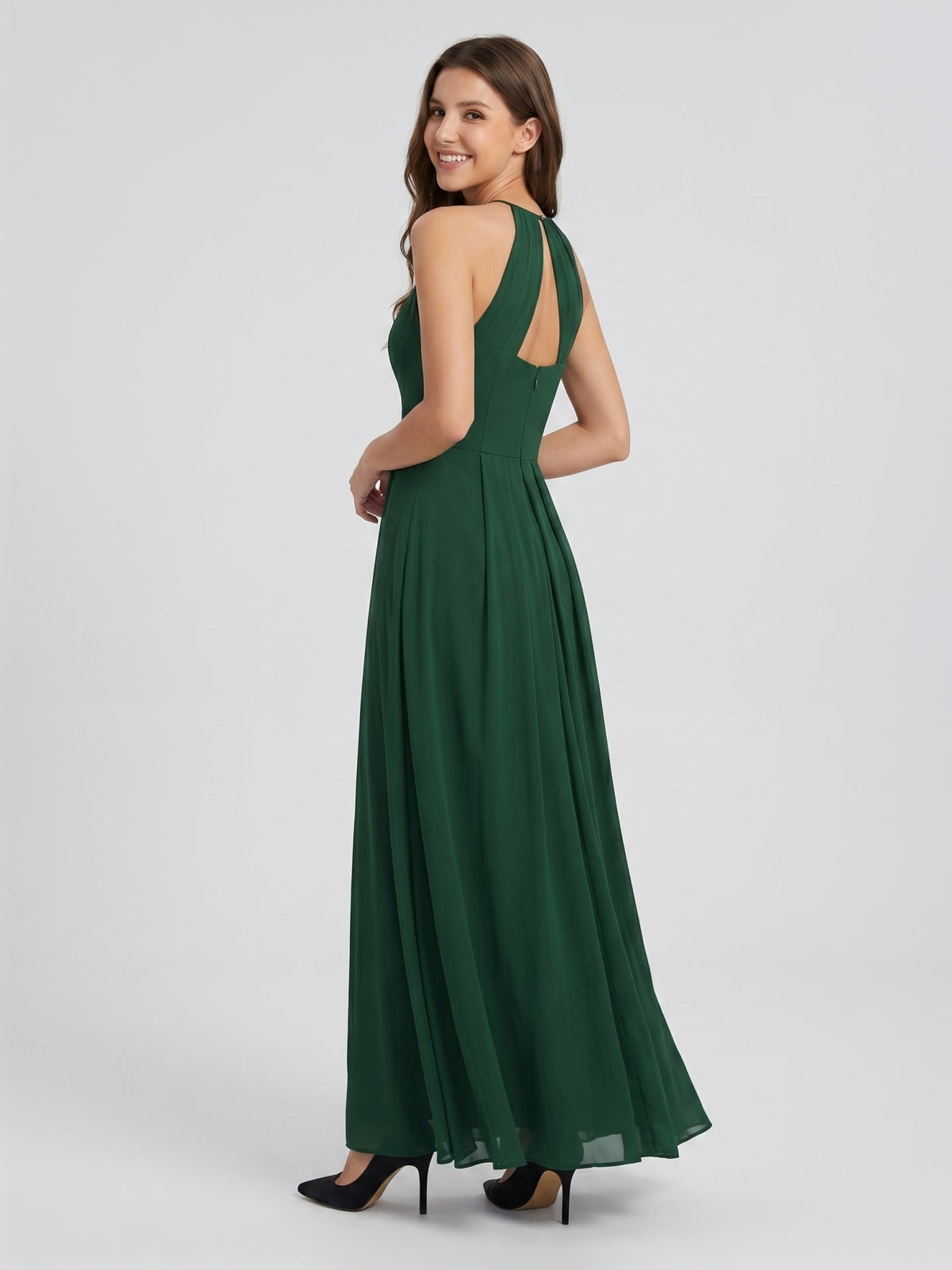 Forest Green Chiffon A-Line Halter Back Zip Floor-Length Ruffle Bridesmaid Dress - Curvevia