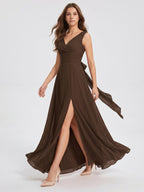 Mocha Chiffon A-Line V-Neck V-Back Ankle-Length Bridesmaid Dress with Bow - Curvevia