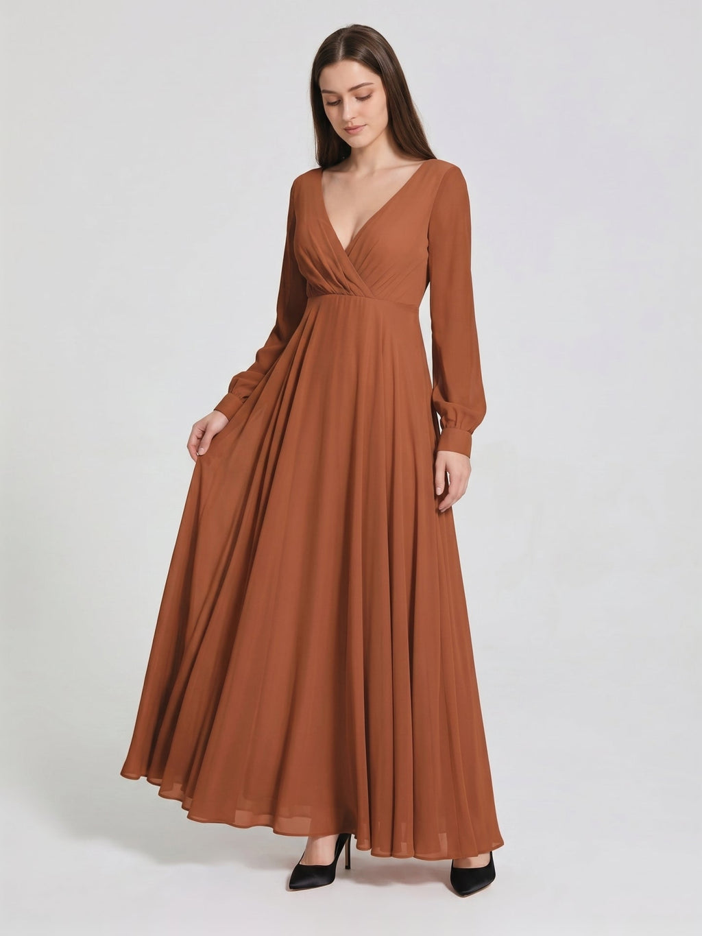 Terracotta Chiffon A-Line V-Neck Back Zip Floor-Length Pleated Bridesmaid Dress - Curvevia