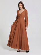 Terracotta Chiffon A-Line V-Neck Back Zip Floor-Length Pleated Bridesmaid Dress - Curvevia