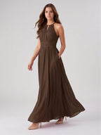 Mocha Chiffon A-Line Halter Keyhole Back Floor-Length Bridesmaid Dress - Curvevia