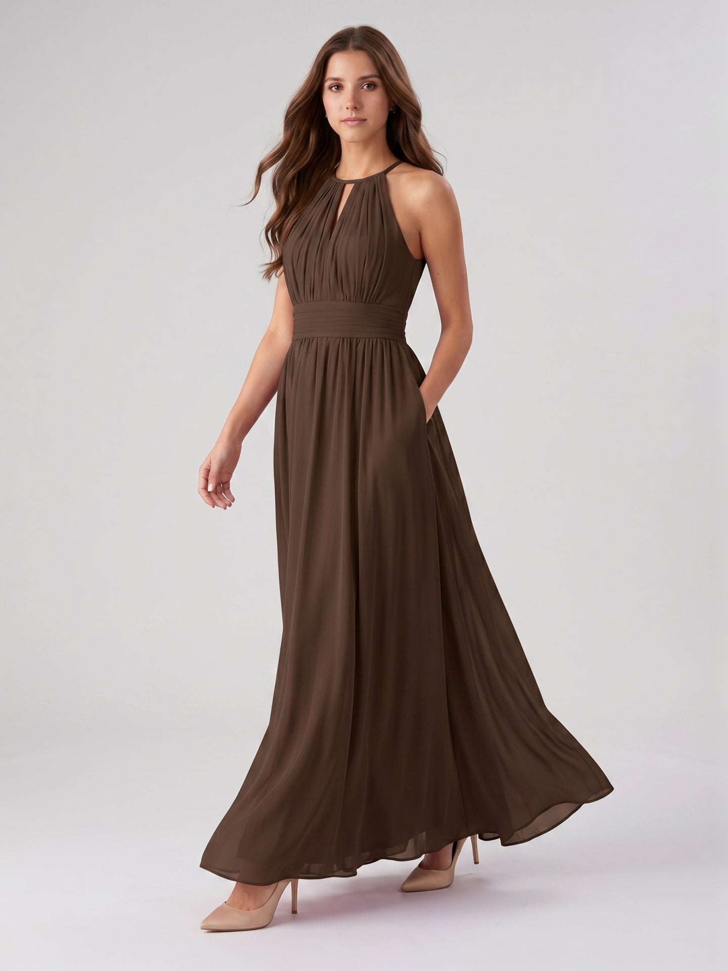 Mocha Chiffon A-Line Halter Keyhole Back Floor-Length Bridesmaid Dress - Curvevia