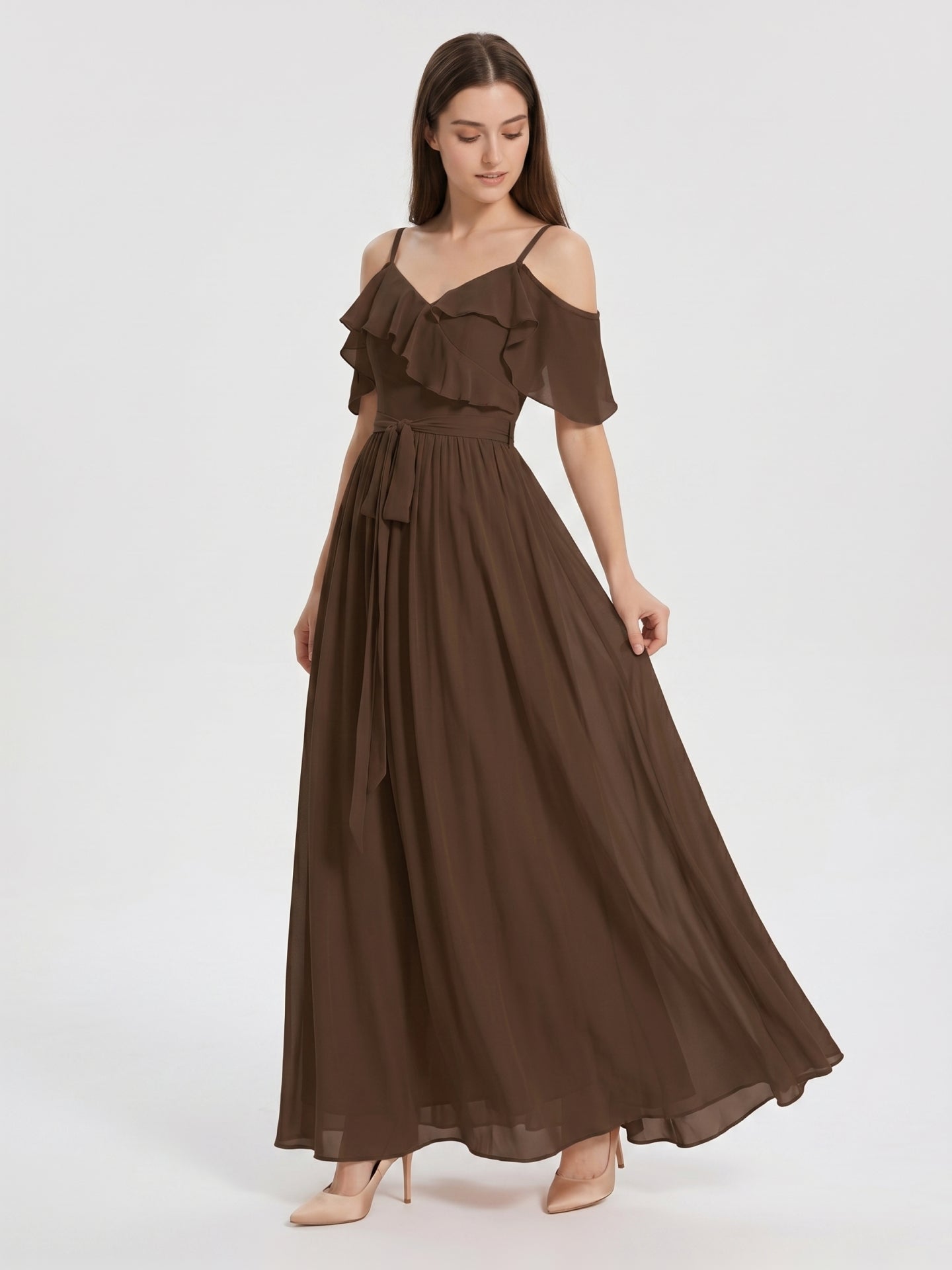 Mocha Chiffon A-Line Off-the-Shoulder V-Back Floor-Length Ruffle Bridesmaid Dress - Curvevia