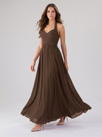 Mocha Chiffon A-Line Halter Backless Floor-Length Pleated Bridesmaid Dress - Curvevia