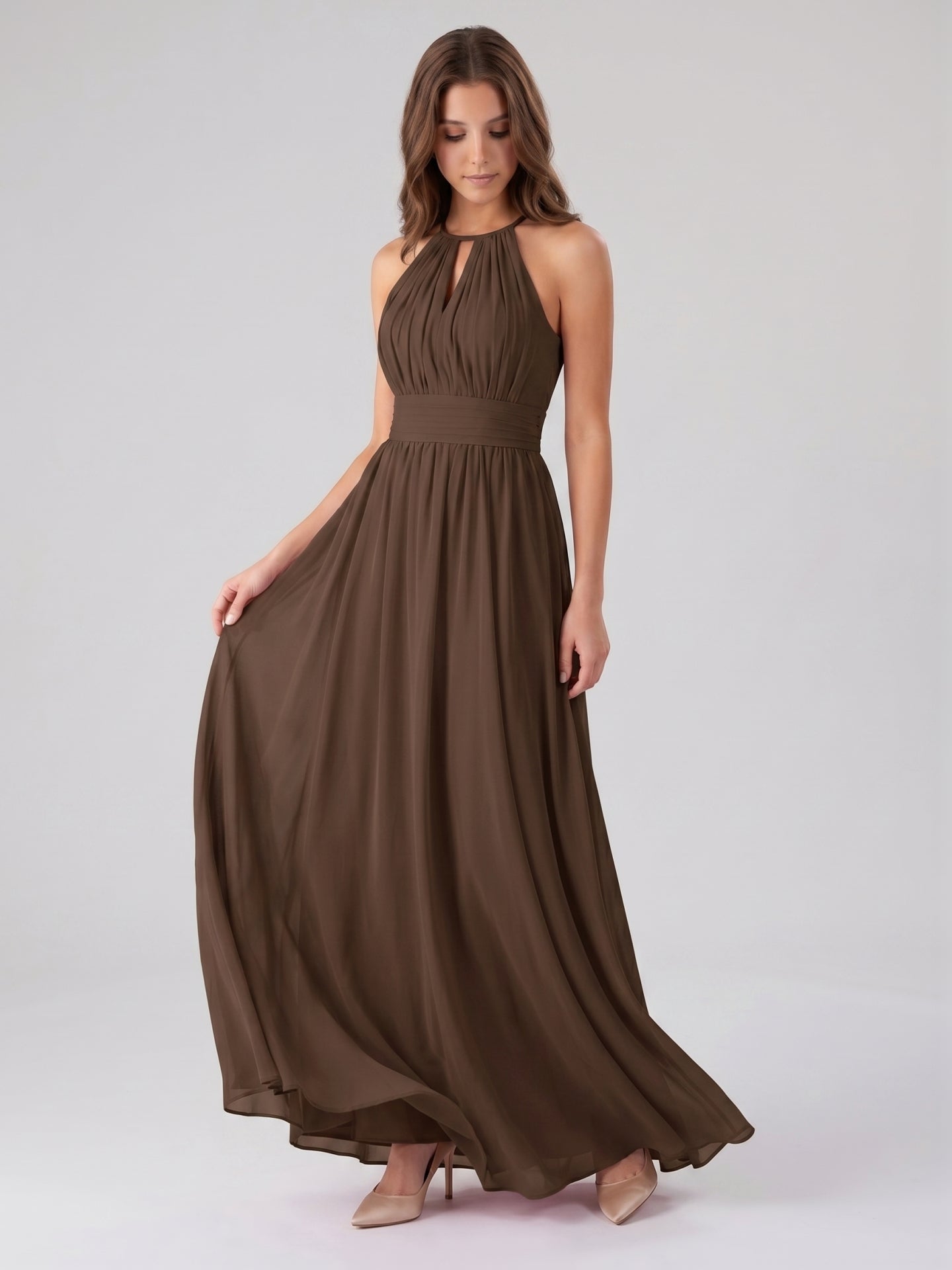Mocha Chiffon A-Line Halter Keyhole Back Floor-Length Bridesmaid Dress - Curvevia