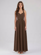 Mocha Chiffon A-Line Halter Backless Floor-Length Pleated Bridesmaid Dress - Curvevia