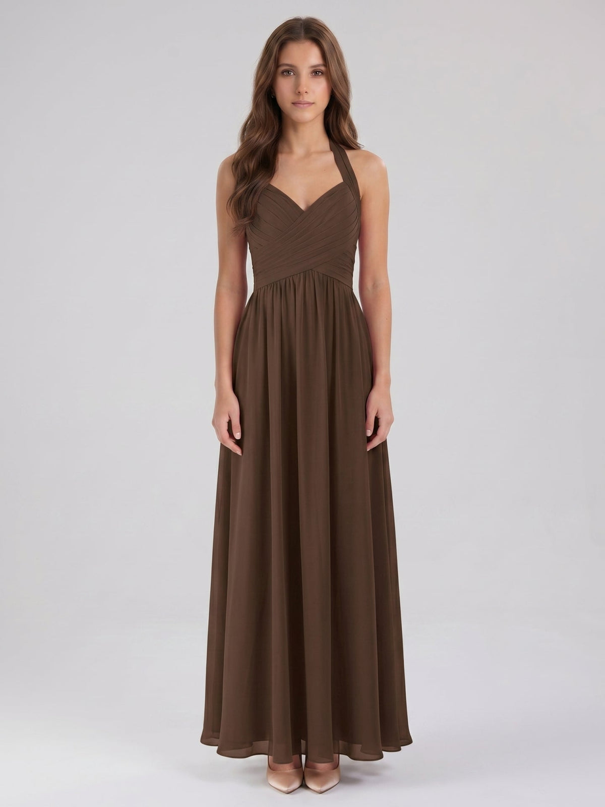 Mocha Chiffon A-Line Halter Backless Floor-Length Pleated Bridesmaid Dress - Curvevia