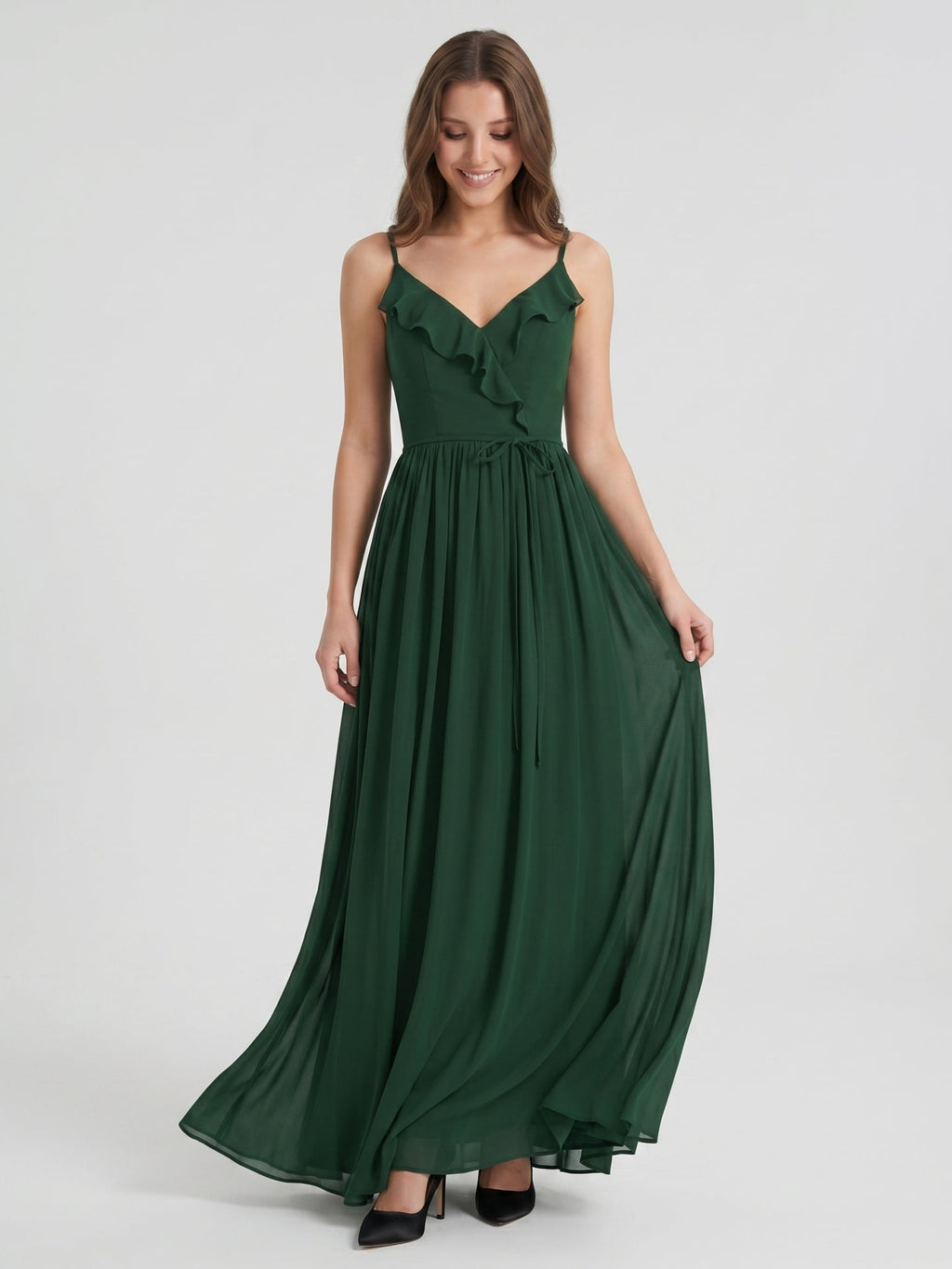 Forest Green Chiffon A-Line V-Neck V-Back Floor-Length Ruffle Bridesmaid Dress - Curvevia