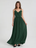 Forest Green Chiffon A-Line V-Neck V-Back Floor-Length Ruffle Bridesmaid Dress - Curvevia