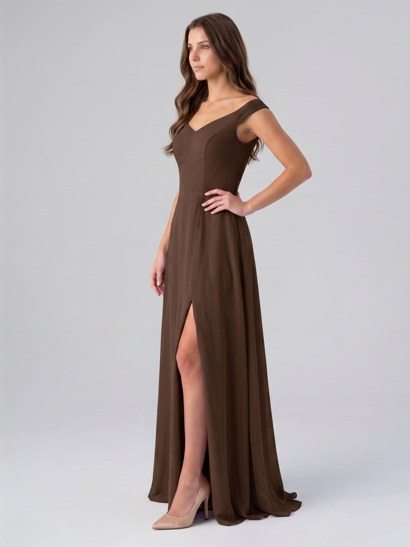 Mocha Chiffon A-Line Sweetheart V-Back Floor-Length Bridesmaid Dress - Curvevia