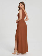Terracotta Chiffon Column One Shoulder Side Zip Ankle-Length Bridesmaid Dress - Curvevia