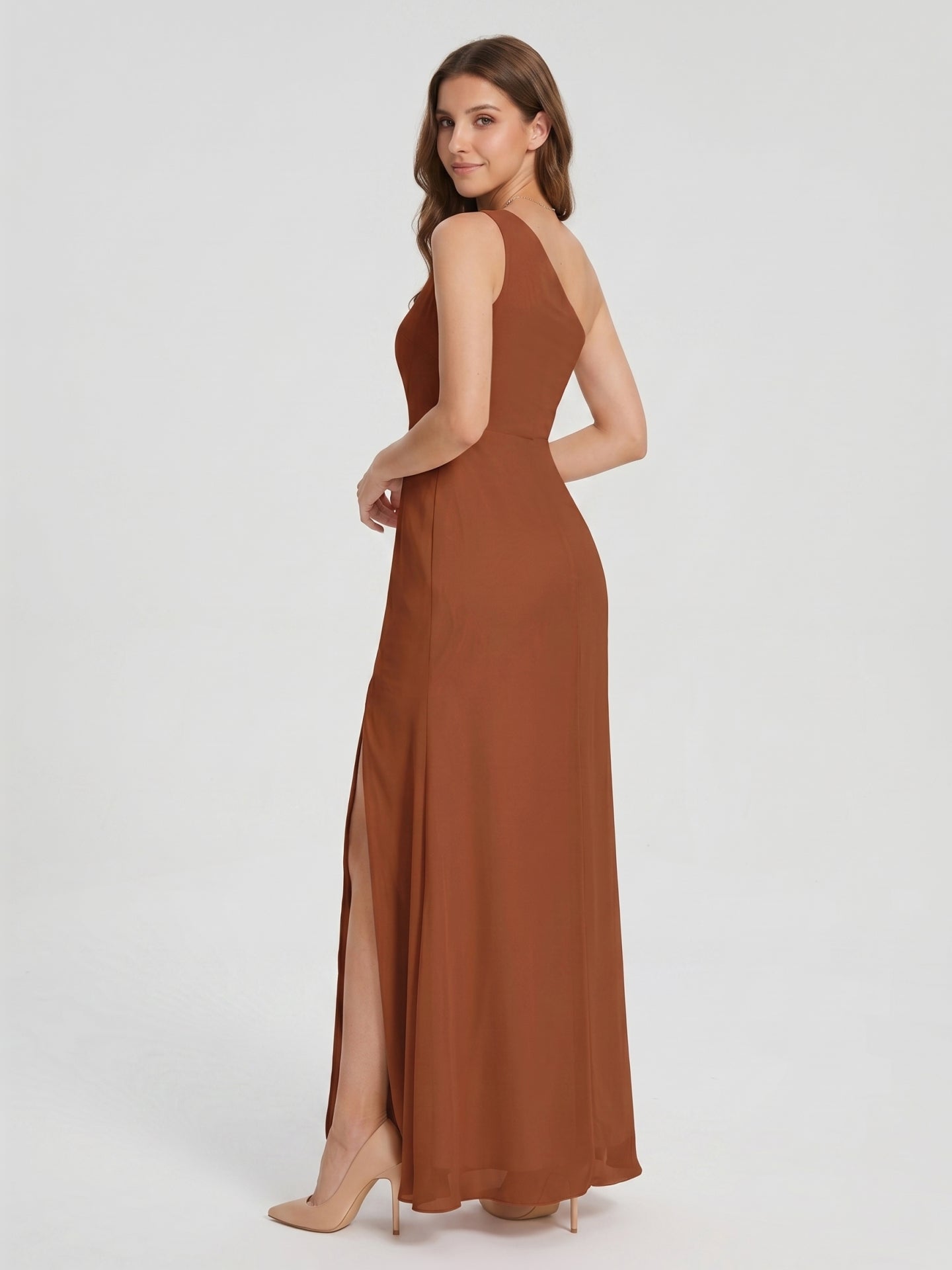 Terracotta Chiffon Column One Shoulder Side Zip Ankle-Length Bridesmaid Dress - Curvevia