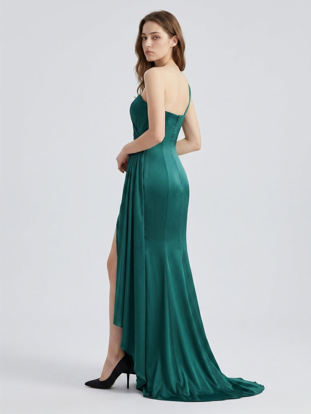 Peacock Satin Sheath One Shoulder Backless Floor-Length Pleated Bridesmaid Dress - Curvevia