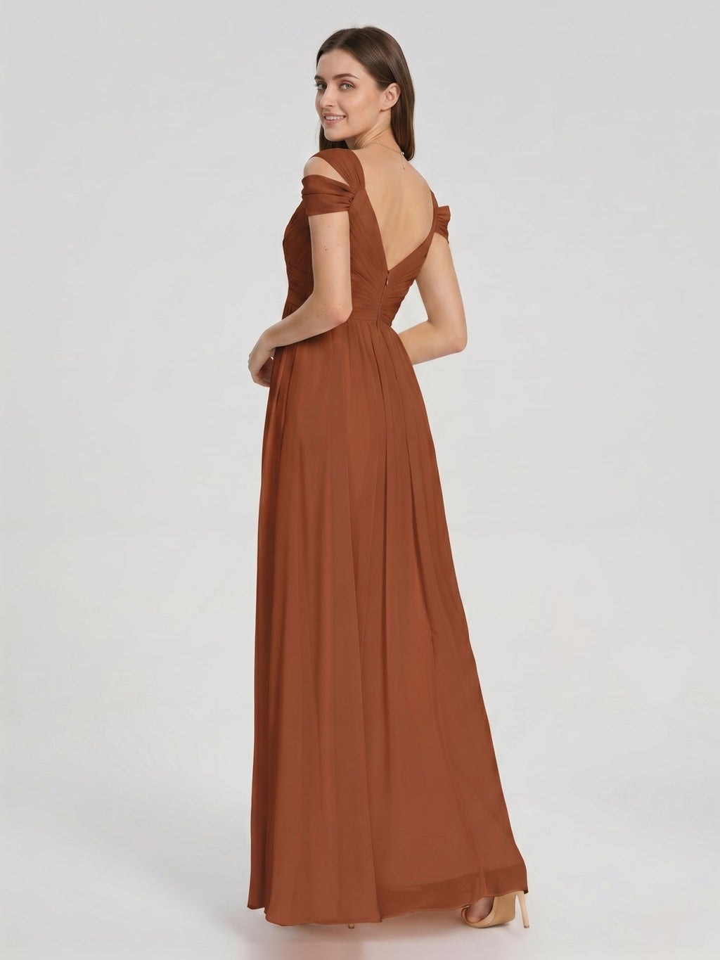 Terracotta Chiffon Empire Off-the-Shoulder V-Back Floor-Length Pleated Bridesmaid Dress - Curvevia