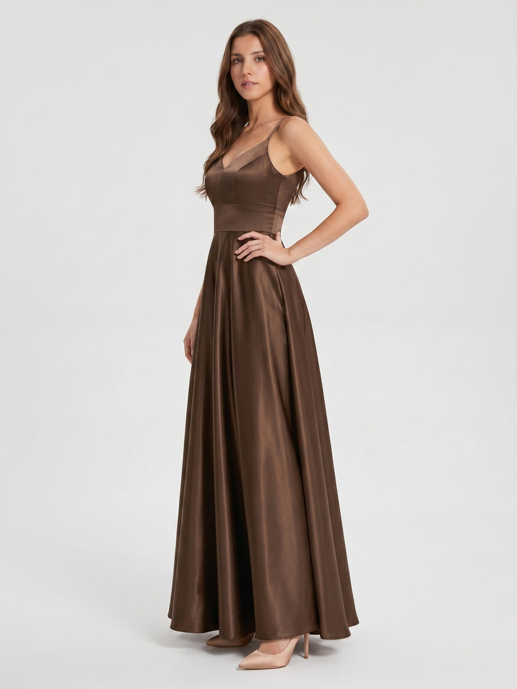 Mocha Satin A-Line V-Neck Criss-Cross Back Floor-Length Bridesmaid Dress - Curvevia