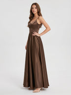 Mocha Satin A-Line V-Neck Criss-Cross Back Floor-Length Bridesmaid Dress - Curvevia