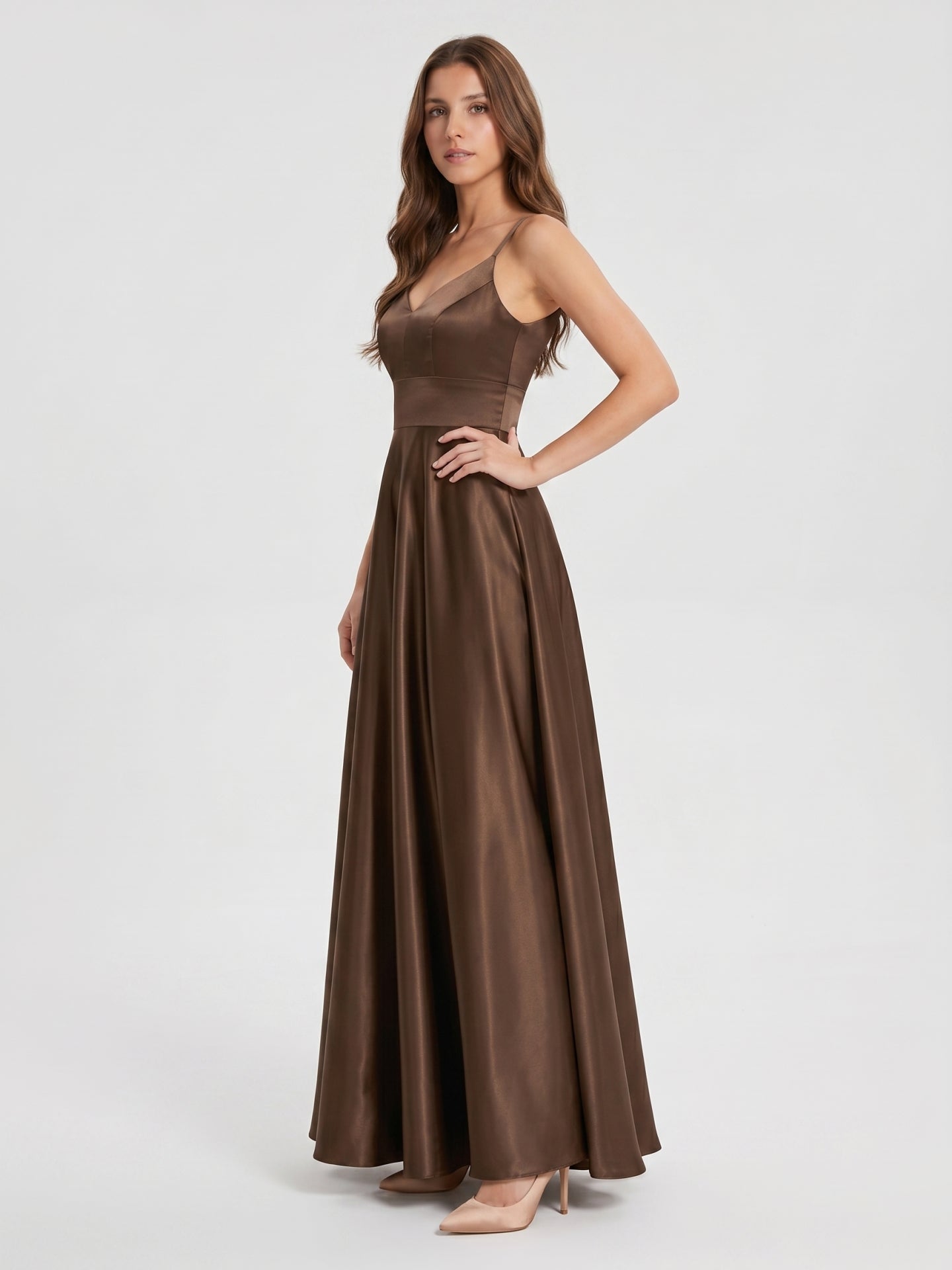 Mocha Satin A-Line V-Neck Criss-Cross Back Floor-Length Bridesmaid Dress - Curvevia