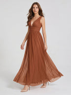 Terracotta Tulle A-Line V-Neck V-Back Floor-Length Pleated Bridesmaid Dress - Curvevia