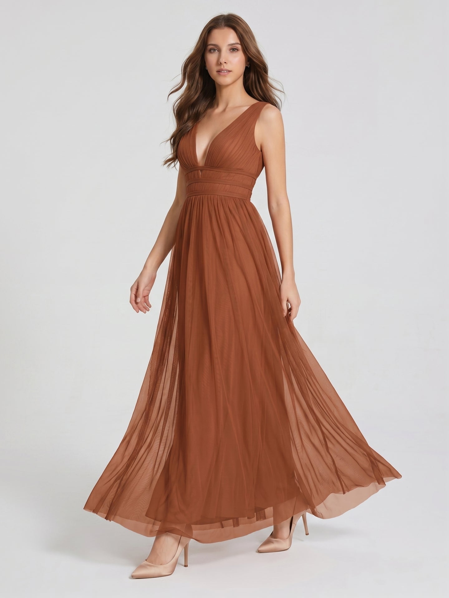 Terracotta Tulle A-Line V-Neck V-Back Floor-Length Pleated Bridesmaid Dress - Curvevia