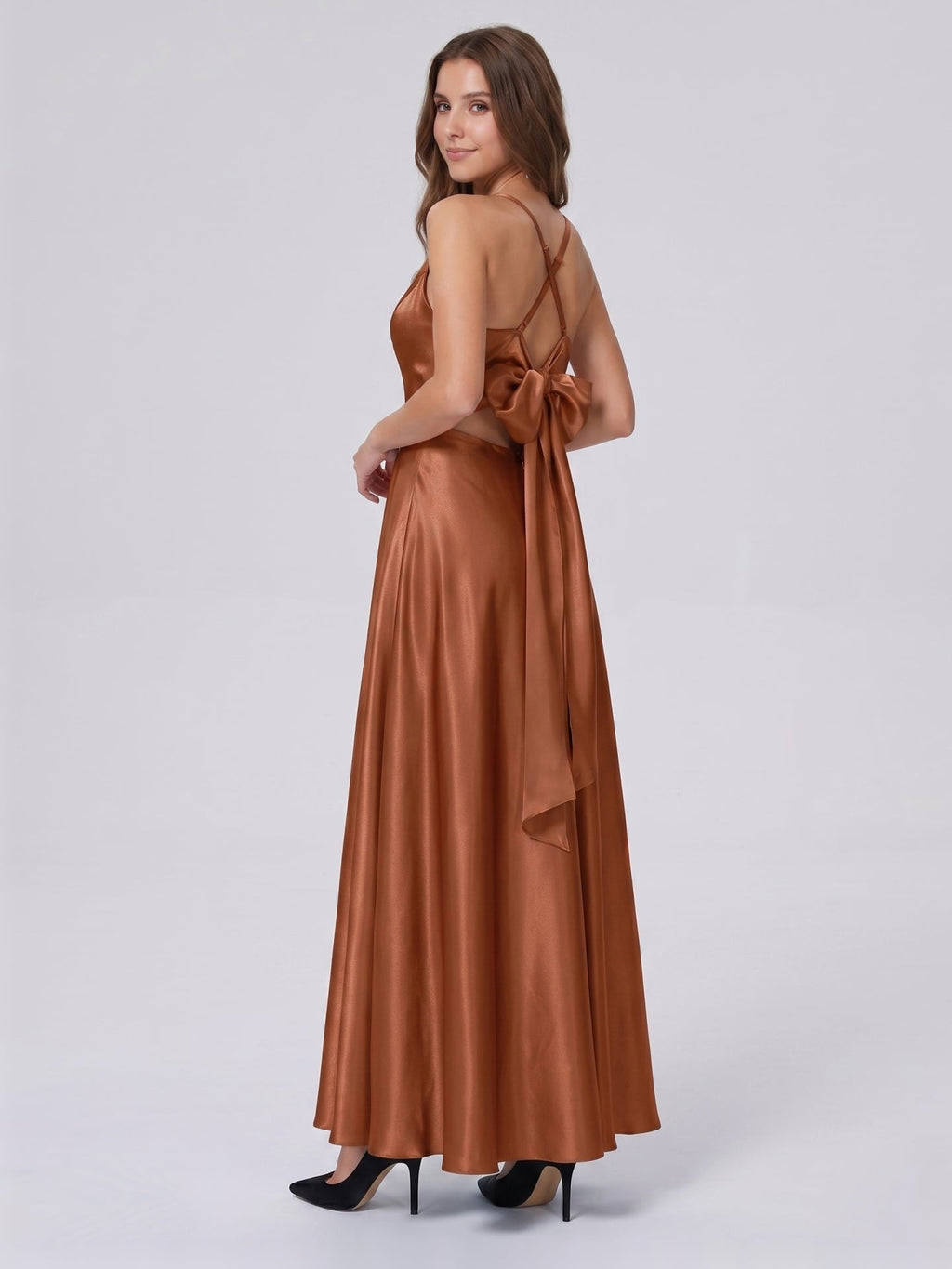 Terracotta Satin A-Line V-Neck Bow Back Floor-Length Bridesmaid Dress with Bow - Curvevia