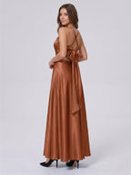 Terracotta Satin A-Line V-Neck Bow Back Floor-Length Bridesmaid Dress with Bow - Curvevia