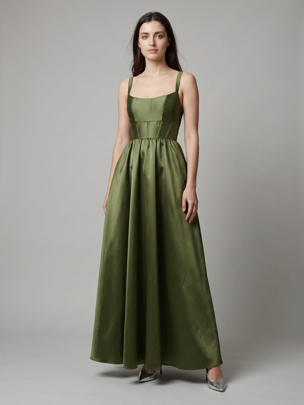 Olive Green Satin A-Line Scoop Neck Backless Floor-Length Bridesmaid Dress with Pockets - Curvevia