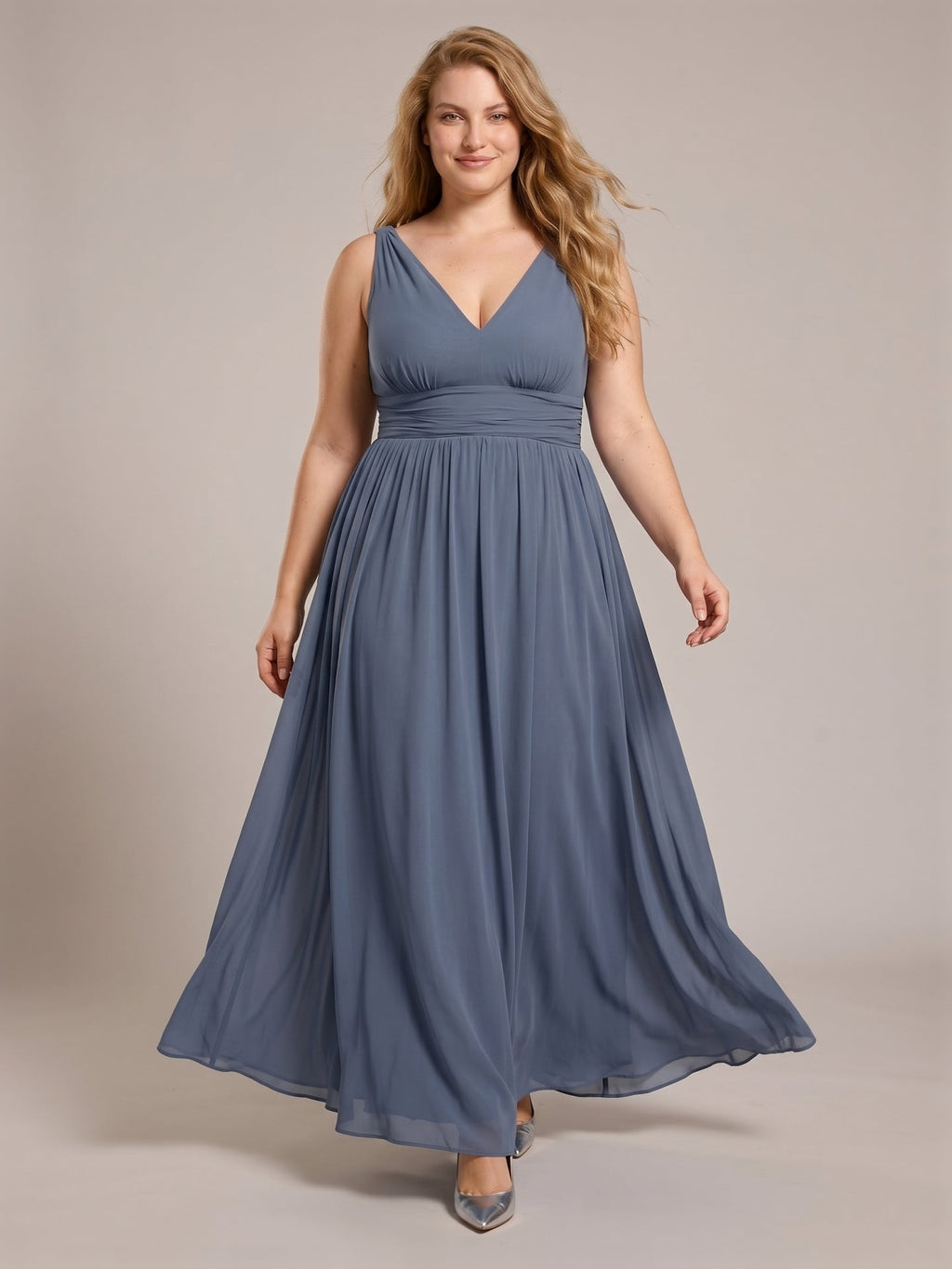 Simple Stormy Chiffon Empire V-Neck Back Zip Ankle-Length Plus Size Bridesmaid Dress - Curvevia