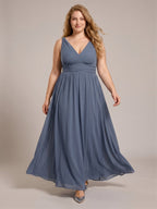Simple Stormy Chiffon Empire V-Neck Back Zip Ankle-Length Plus Size Bridesmaid Dress - Curvevia