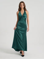 Peacock Satin Sheath Halter Backless Floor-Length Bridesmaid Dress - Curvevia