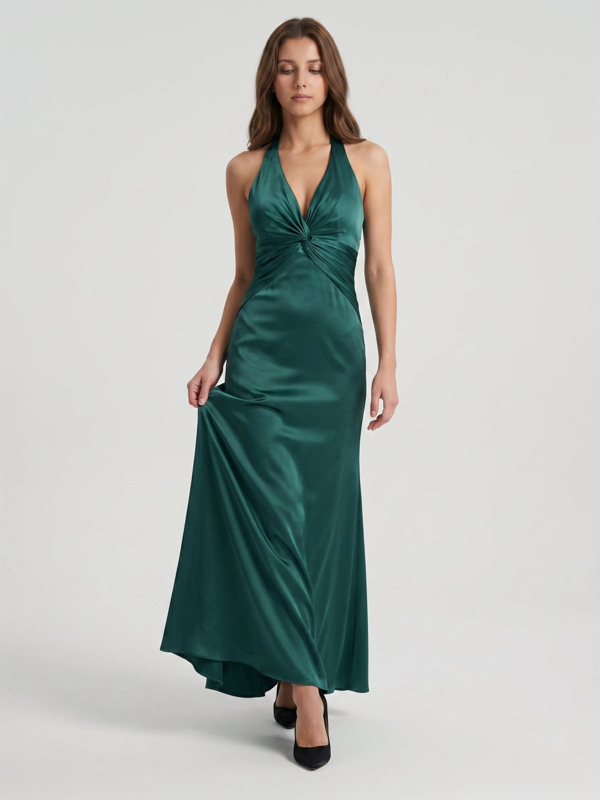 Peacock Satin Sheath Halter Backless Floor-Length Bridesmaid Dress - Curvevia
