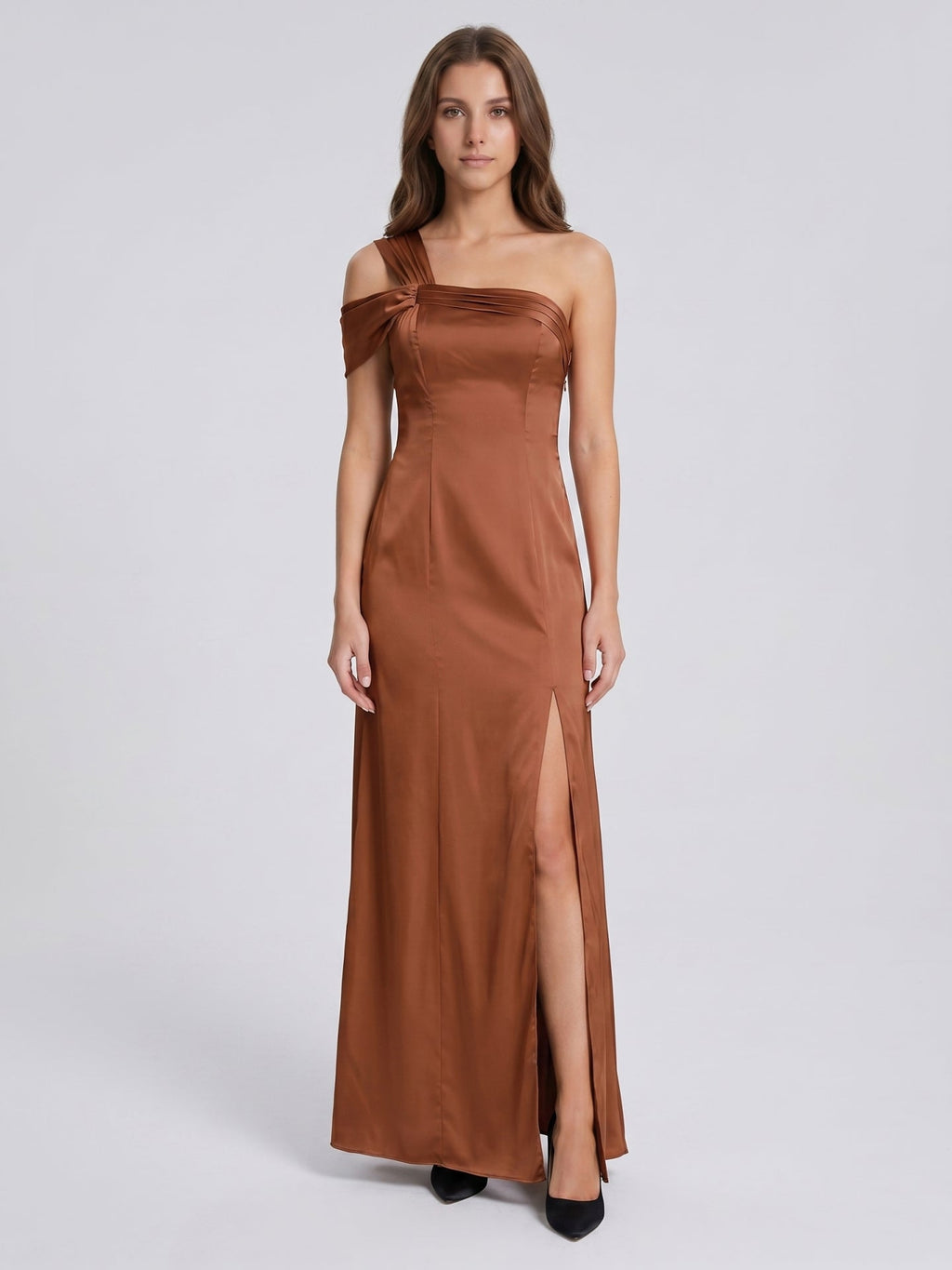 Terracotta Satin Column One Shoulder Backless Floor-Length Bridesmaid Dress - Curvevia