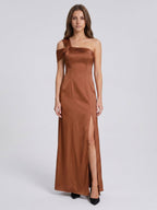 Terracotta Satin Column One Shoulder Backless Floor-Length Bridesmaid Dress - Curvevia