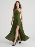 Olive Green Chiffon A-Line Halter Back Zip Floor-Length Bridesmaid Dress - Curvevia