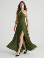 Olive Green Chiffon A-Line Halter Back Zip Floor-Length Bridesmaid Dress - Curvevia