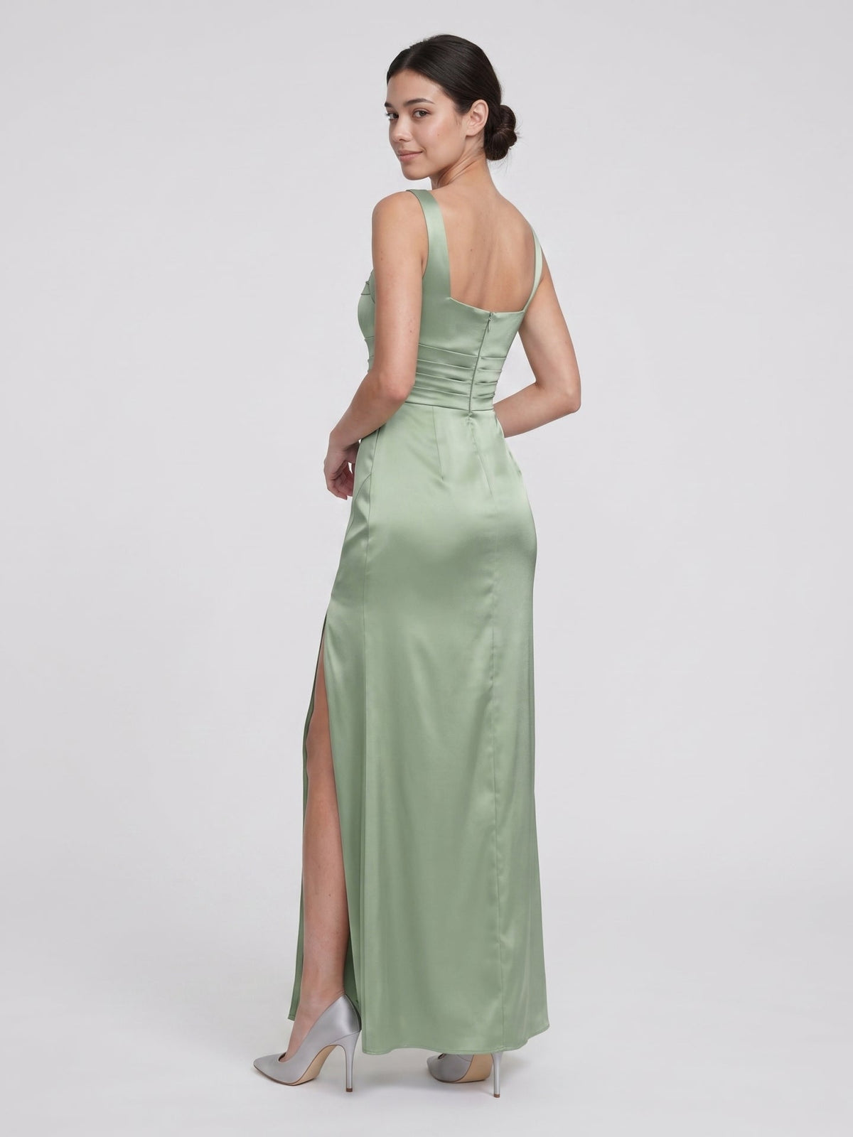 Elegant Dusty Sage Satin A-Line Square Neck Ankle-Length Bridesmaid Dress - Curvevia