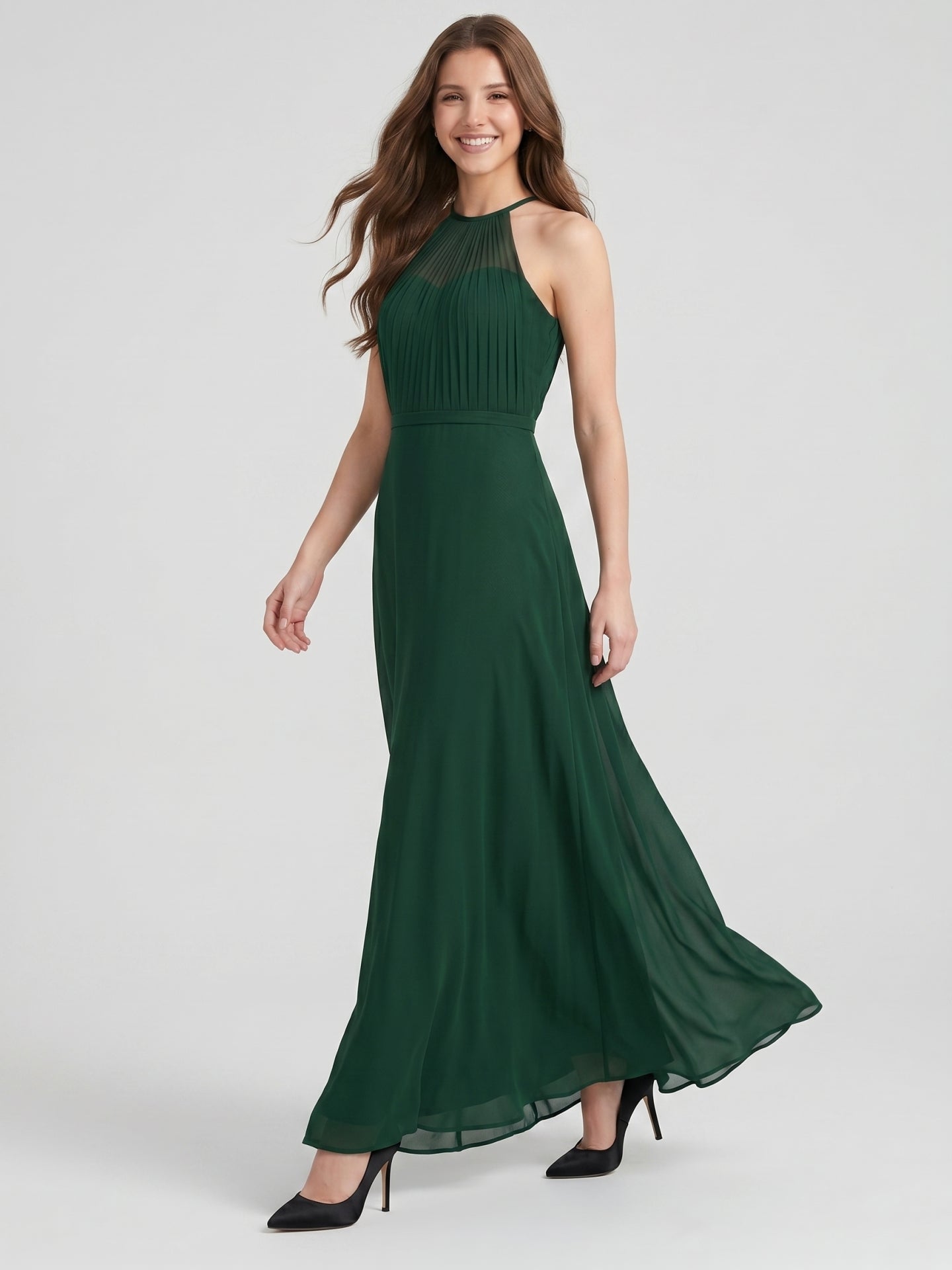 Forest Green Chiffon A-Line Halter Back Zip Floor-Length Bridesmaid Dress - Curvevia