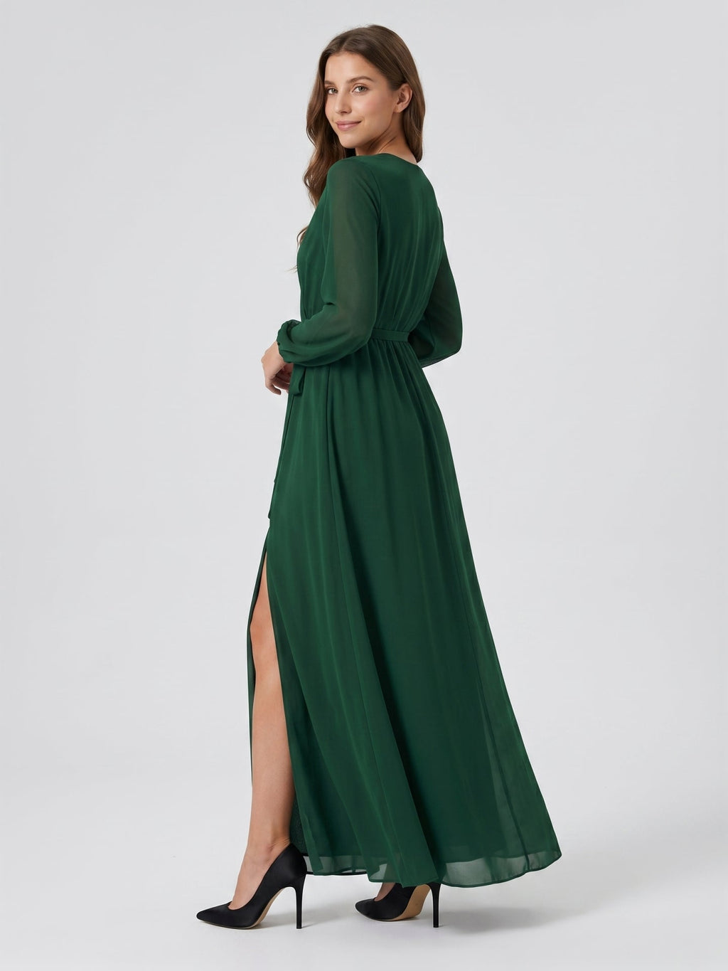 Forest Green Chiffon A-Line V-Neck Back Zip Floor-Length Pleated Bridesmaid Dress - Curvevia