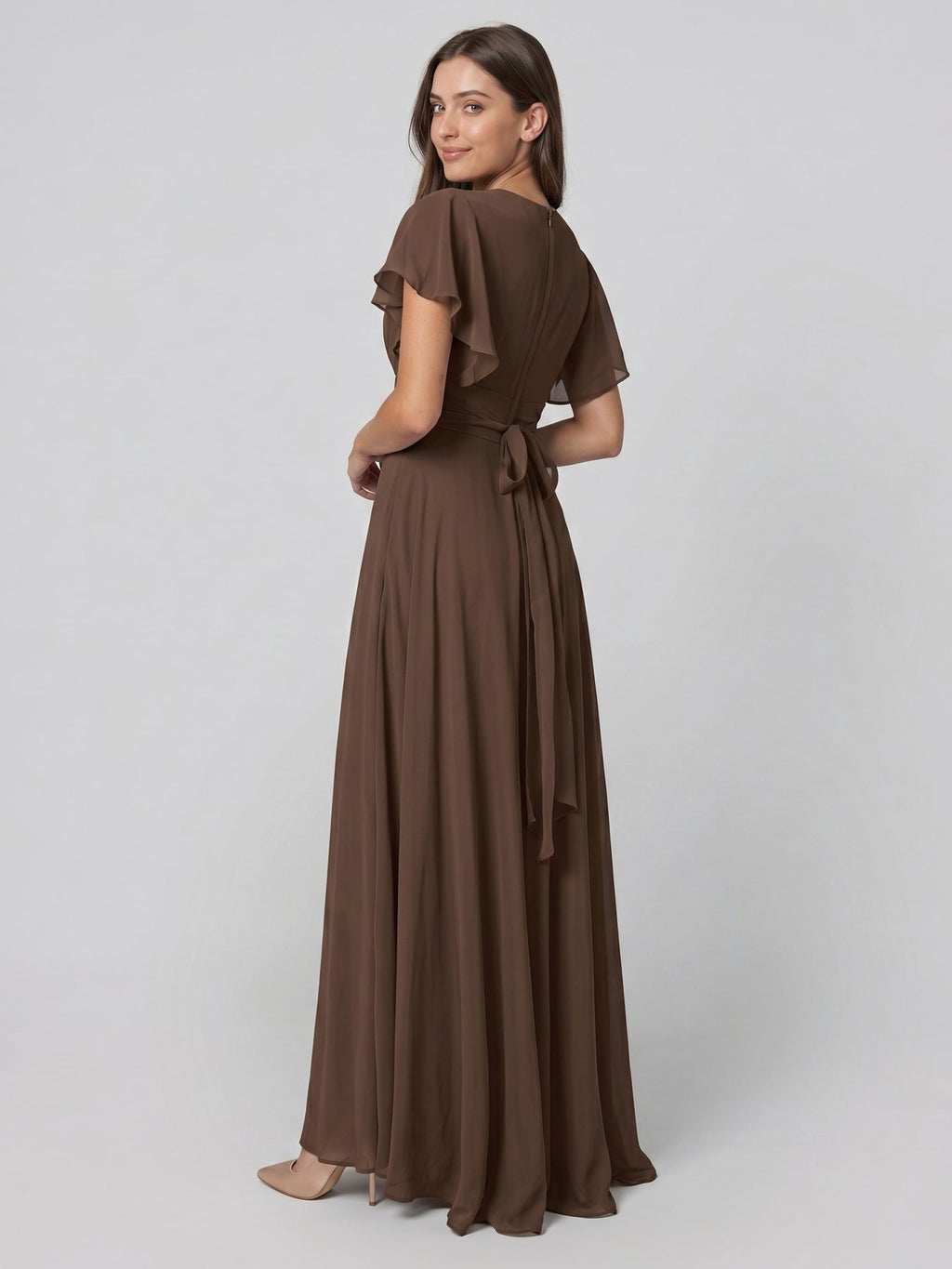 Mocha Chiffon A-Line V-Neck Back Zip Floor-Length Ruffle Bridesmaid Dress - Curvevia
