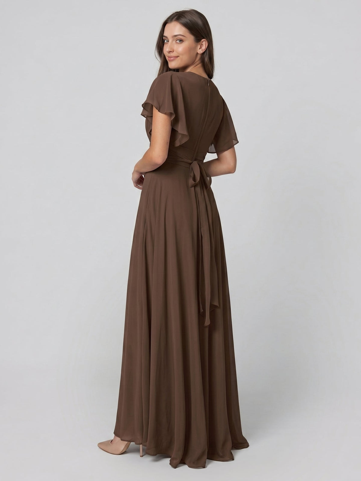 Mocha Chiffon A-Line V-Neck Back Zip Floor-Length Ruffle Bridesmaid Dress - Curvevia