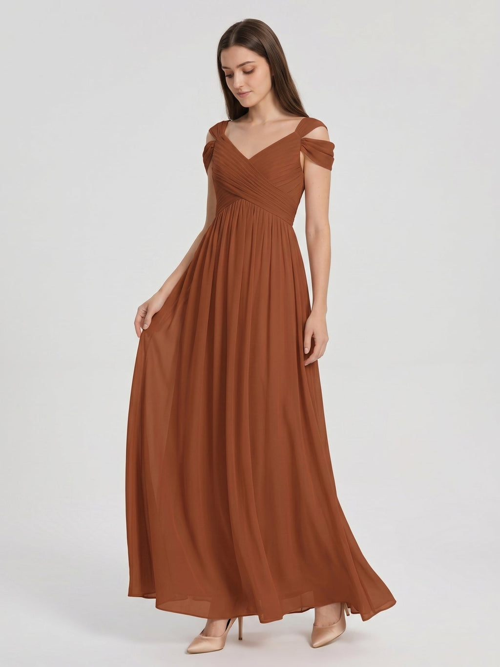 Terracotta Chiffon Empire Off-the-Shoulder V-Back Floor-Length Pleated Bridesmaid Dress - Curvevia